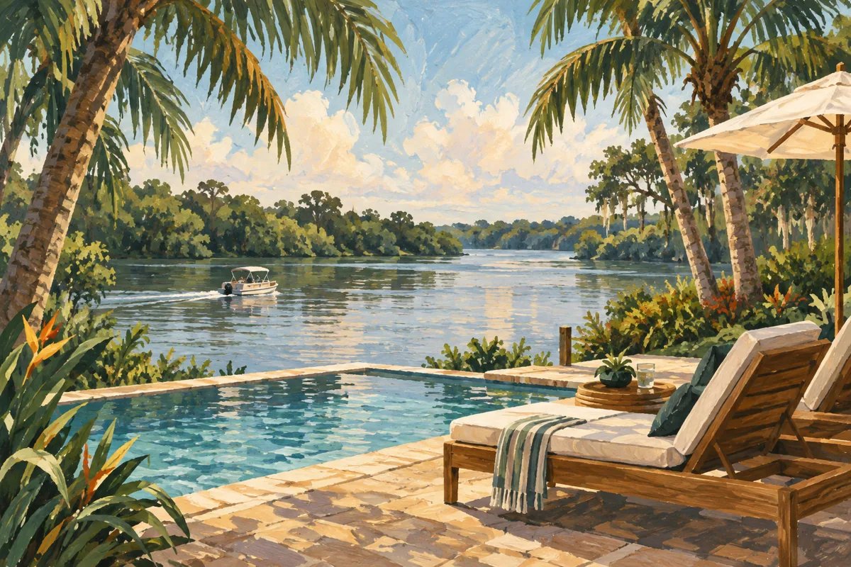 Illustration: a Florida riverfront pool setting.